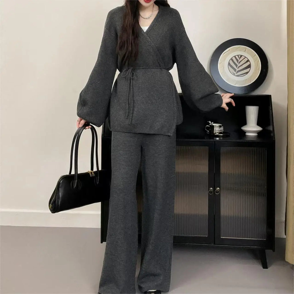 Women’s Knit Matching Set Zip Cardigan Wide Leg Pants Cozy Outfit-HighTouch