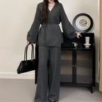 Women’s Knit Matching Set Zip Cardigan Wide Leg Pants Cozy Outfit-HighTouch