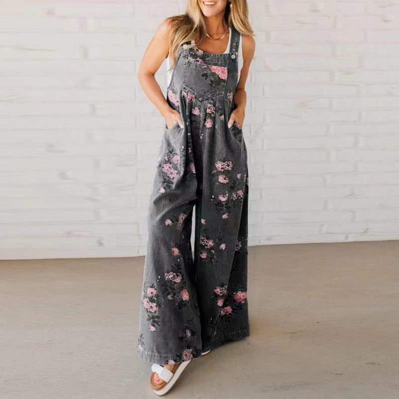 Retro Denim Button-Up Strappy Jumpsuit – Women’s Casual Pocket Overalls Romper