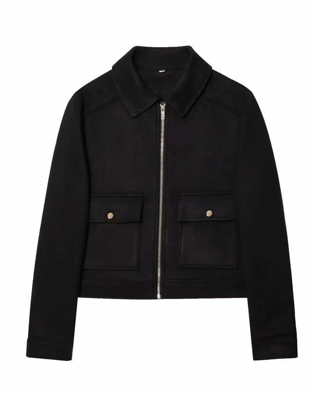 Women's Winter Zipper Jacket - Elegant Short Street Coat with Pockets