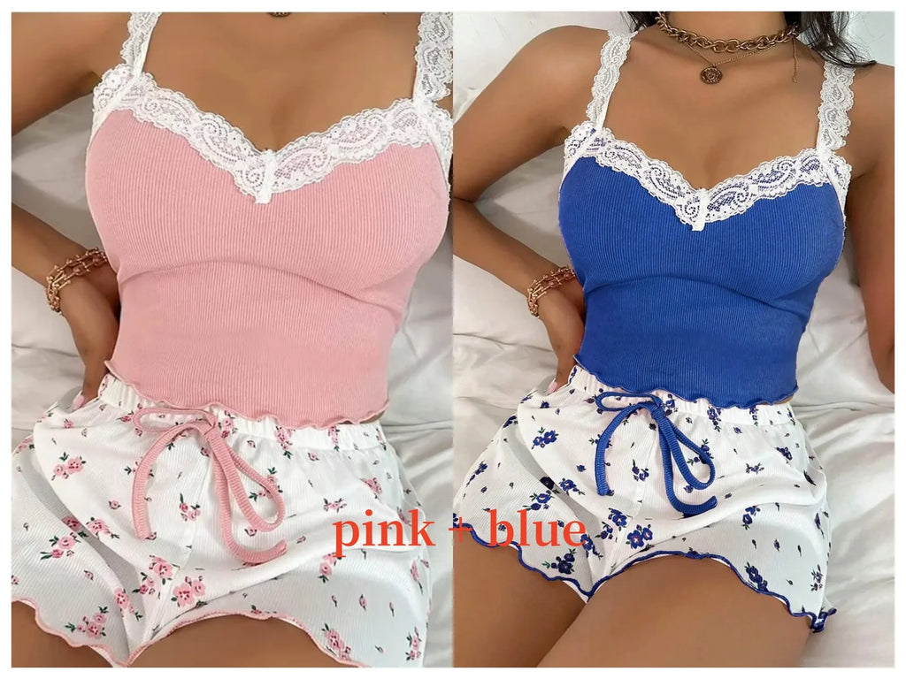 Women’s Pink Lace Patchwork Camisole & Shorts Pajama Set – Sexy Lounge Sleepwear-HighTouch