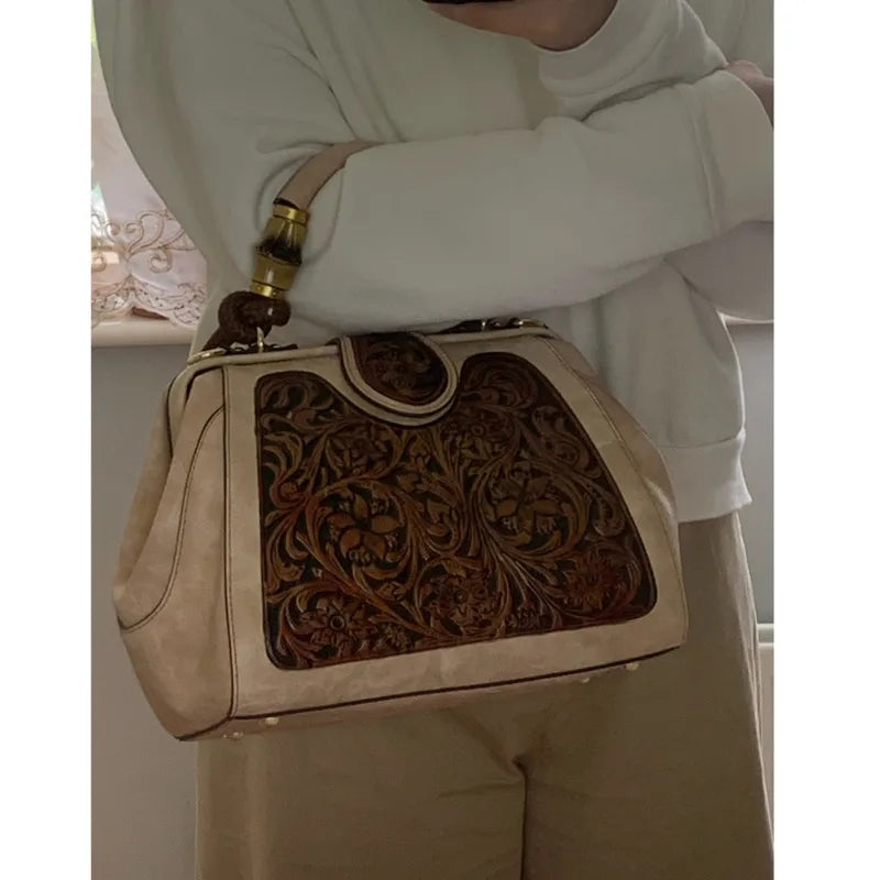 Luxury Handmade Women Shoulder Bag Vintage Carved Leather Women's Bag-HighTouch