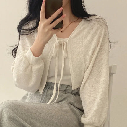 Breathable Lace‑Up Lantern Sleeve Cardigan – Summer Sunscreen Shawl