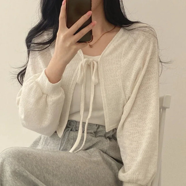 Breathable Lace‑Up Lantern Sleeve Cardigan – Summer Sunscreen Shawl