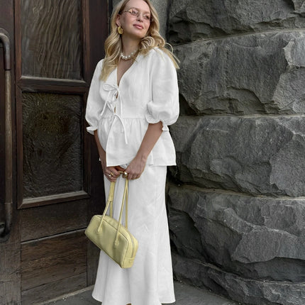 Cotton Lace‑Up Bubble Sleeve Top & Skirt Set