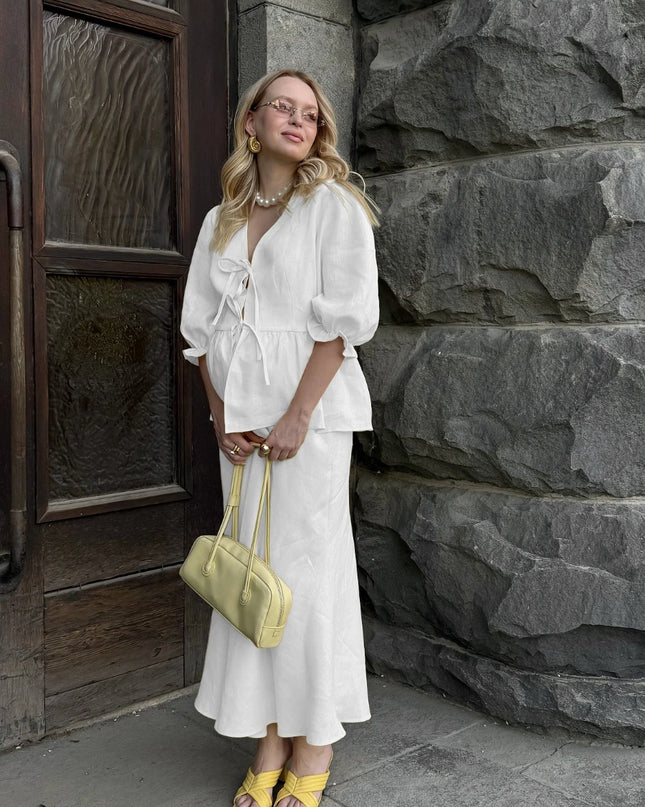 100% Cotton Lace‑Up Bubble Sleeve Top & Skirt Set