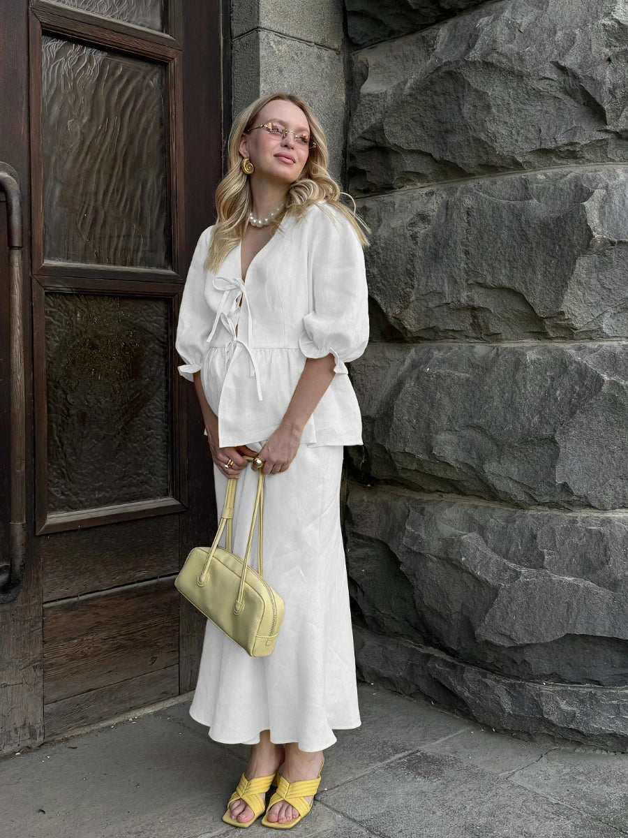 Cotton Lace‑Up Bubble Sleeve Top & Skirt Set