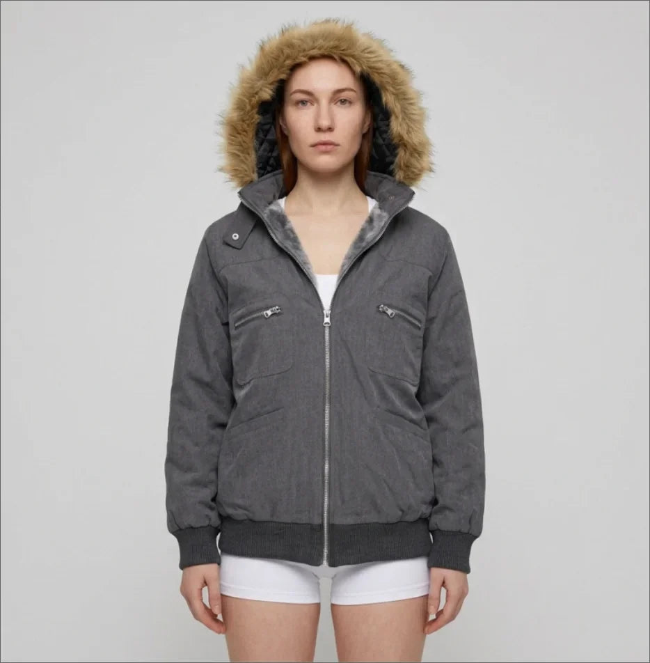 Winter Jacket Women Grey Faux Fur Hood Zip Pockets Slim Fit