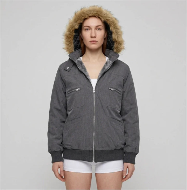 Winter Jacket Women Grey Faux Fur Hood Zip Pockets Slim Fit