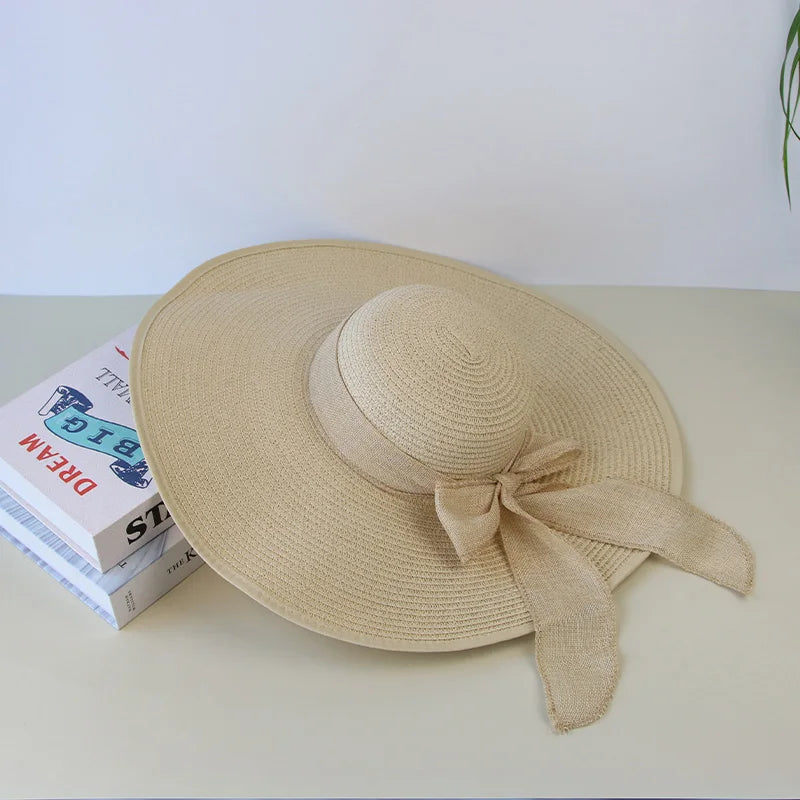 Wide-Brim Straw Fedora with Bowknot – Packable Summer Sun Hat