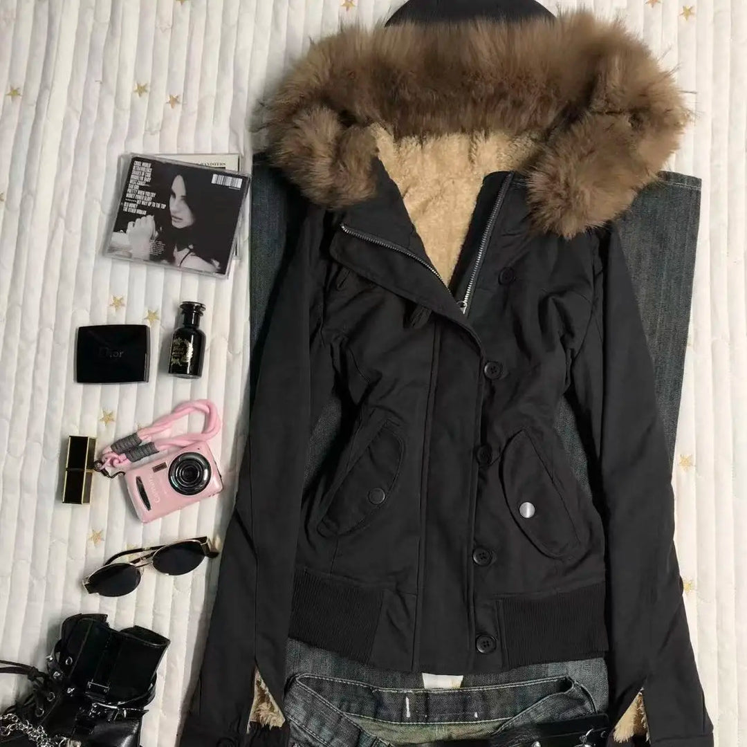 Winter Jacket Women Hooded Faux Fur Trim Fleece Lined Slim Coat