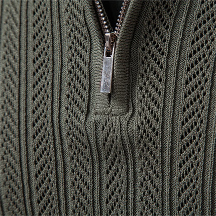 Premium Textured Zip-Collar Polo – Slim Fit Long Sleeve Men’s Business Casual