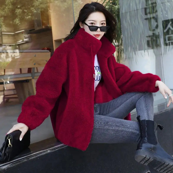 Women’s Coral Fleece Winter Coat – Warm Plush Zip Jacket-HighTouch