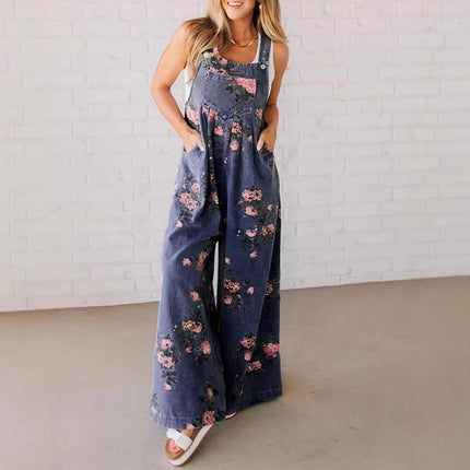 Retro Denim Button-Up Strappy Jumpsuit – Women’s Casual Pocket Overalls Romper