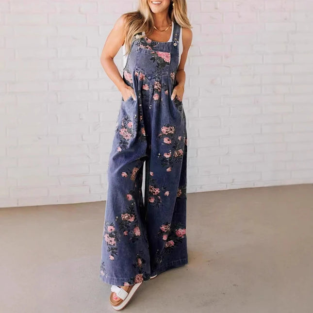 Retro Denim Button-Up Strappy Jumpsuit – Women’s Casual Pocket Overalls Romper