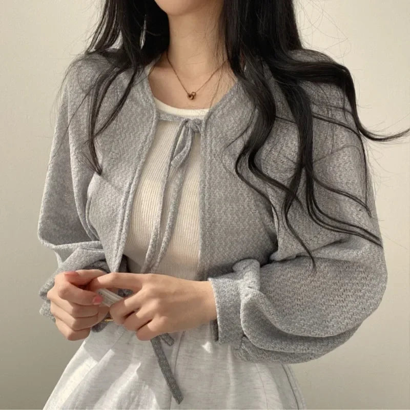 Breathable Lace‑Up Lantern Sleeve Cardigan – Summer Sunscreen Shawl-HighTouch