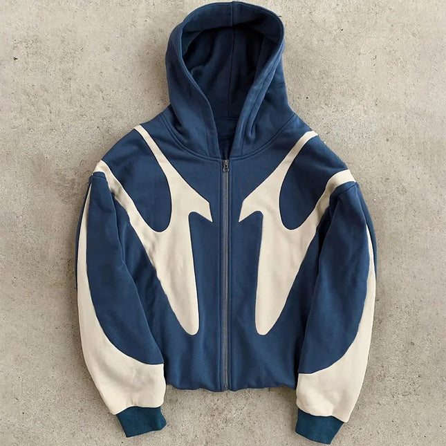 American- Retro Letter Printed Zip‑Up Hoodie