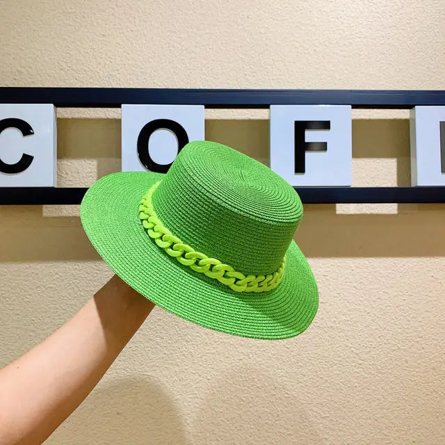 Adjustable Flat‑Top Yellow Straw Fedora