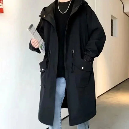 Army Green Hooded Mid-Length Windbreaker Coat Men