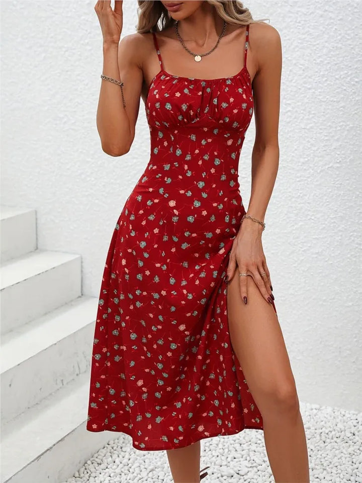Polka-Dot Spaghetti Strap Midi Dress-HighTouch