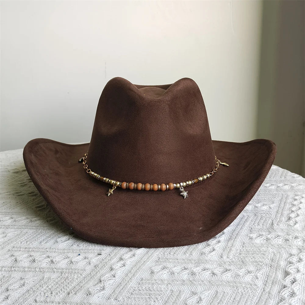 Suede Wide-Brim Western Cowboy Fedora Adjustable Fit-HighTouch