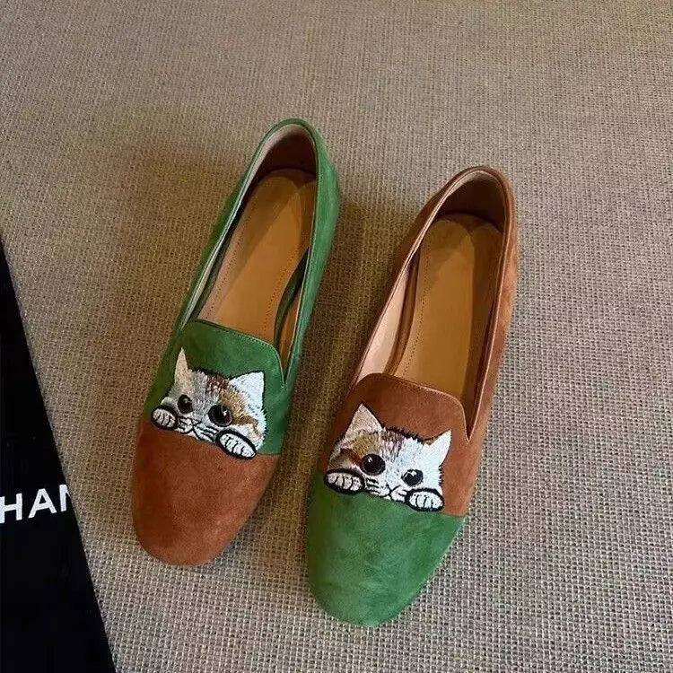 Cat Embroidered Ballet Slippers