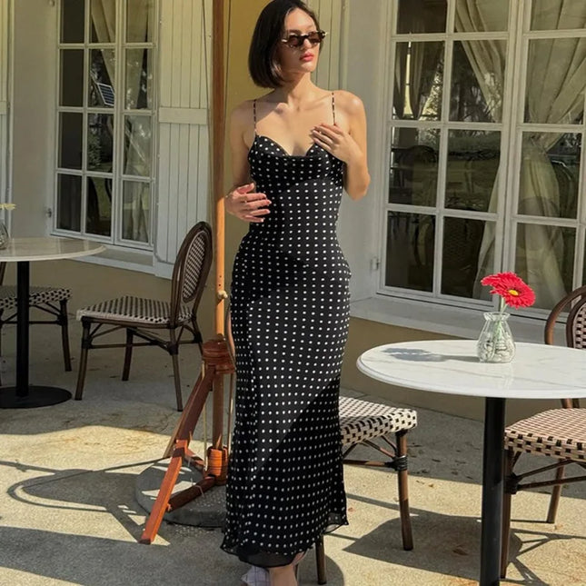 Polka Dot Plunge Halter Maxi Dress – Backless & Elegant