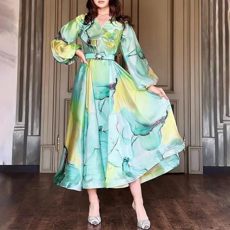 Elegant Printed Long-Sleeve Belted Maxi Dress Women