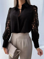 White Lace Hollow-Out Long Sleeve Blouse – Vintage Button-Up Elegance-HighTouch