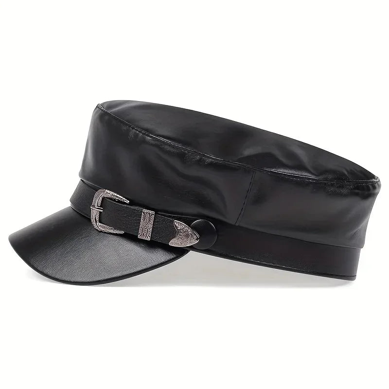 Leather Beret Cap Autumn Belt Buckle Flat Top Captain Hat