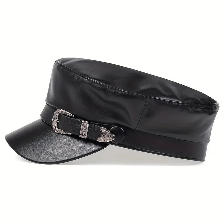 Leather Beret Cap Autumn Belt Buckle Flat Top Captain Hat
