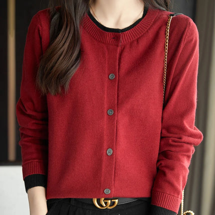 Spring Knit Patchwork Cardigan Lightweight O‑Neck Long Sleeve Sweater for Women