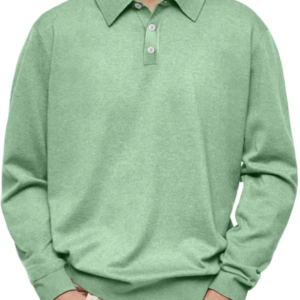 Men’s Long-Sleeve V-Collar Solid Polo Shirt – Loose Fit Casual Knitwear