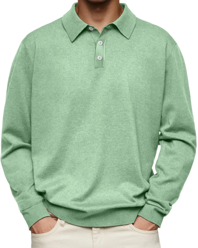Men’s Long-Sleeve V-Collar Solid Polo Shirt – Loose Fit Casual Knitwear