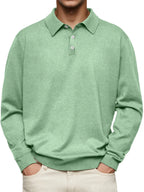 Men’s Long-Sleeve V-Collar Solid Polo Shirt – Loose Fit Casual Knitwear-HighTouch