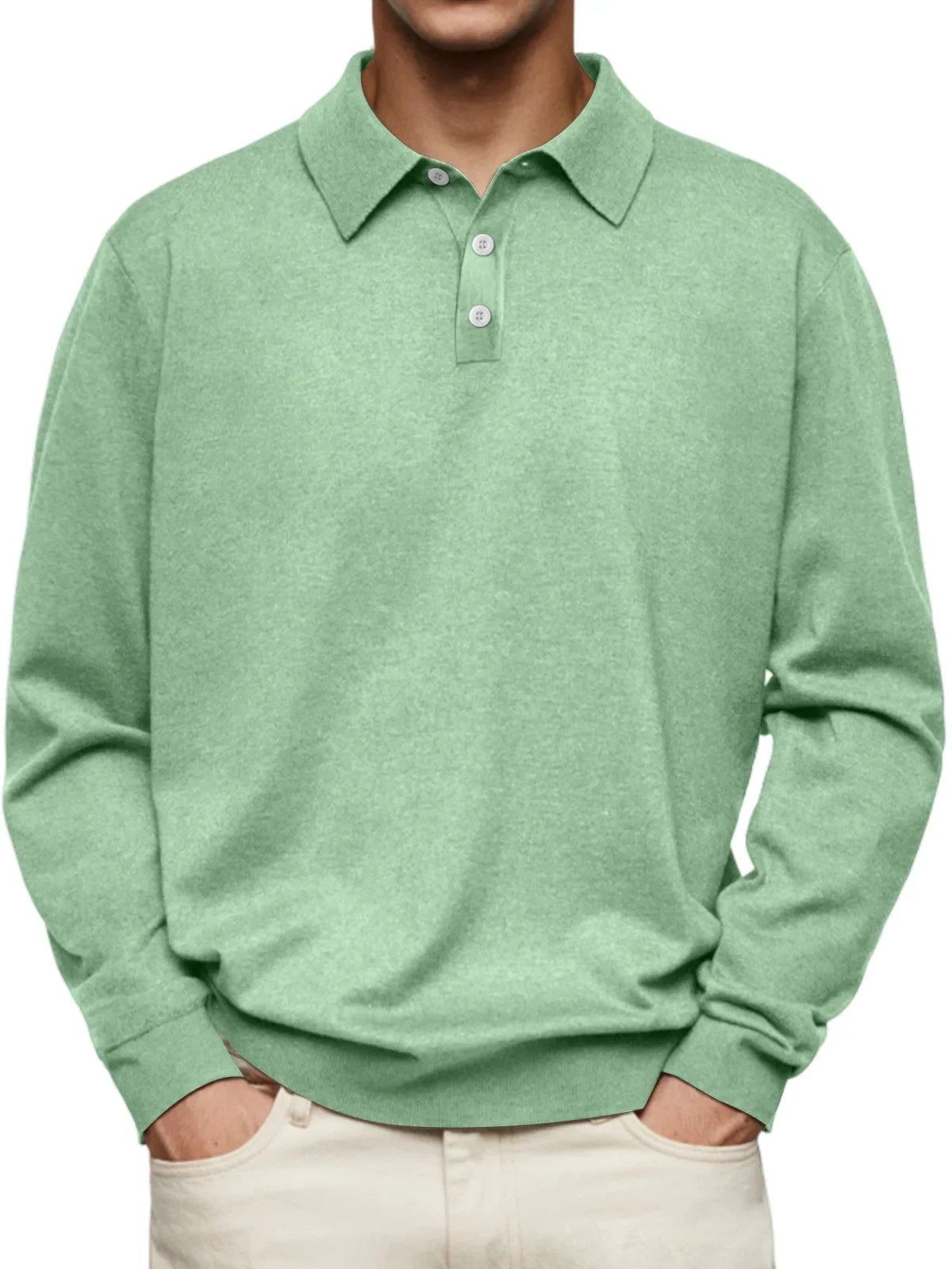 Men’s Long-Sleeve V-Collar Solid Polo Shirt – Loose Fit Casual Knitwear