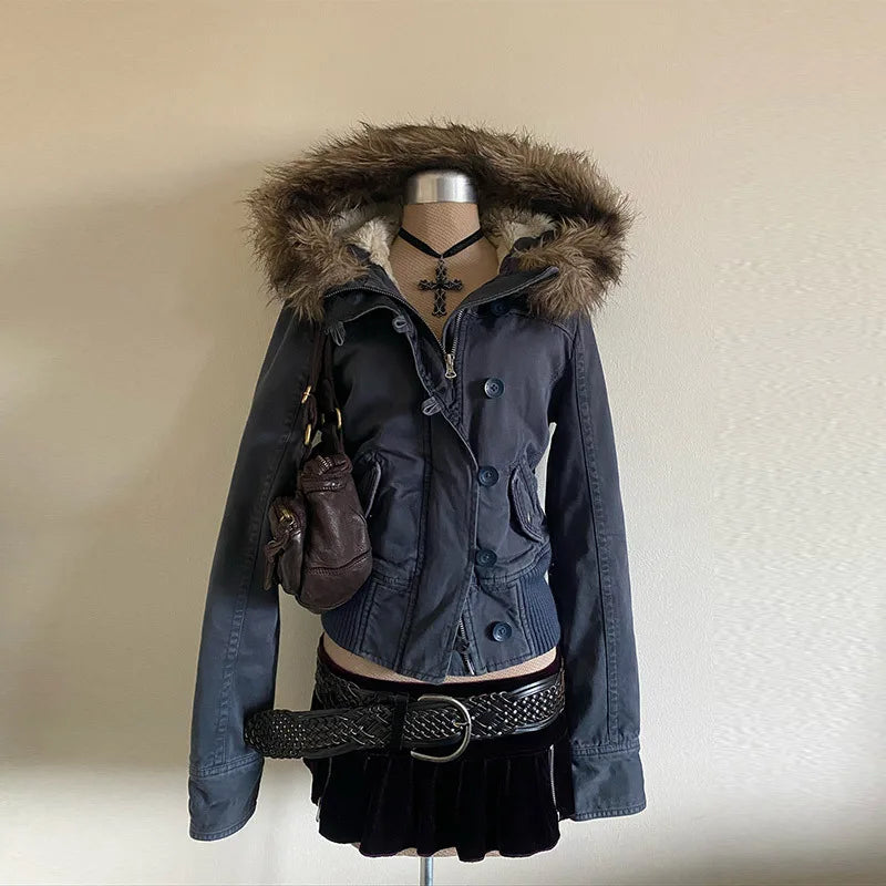 Winter Faux Fur Hood Jacket Women Y2K Vintage Gothic Parka