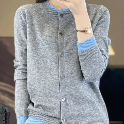 Spring Knit Patchwork Cardigan Lightweight O‑Neck Long Sleeve Sweater for Women
