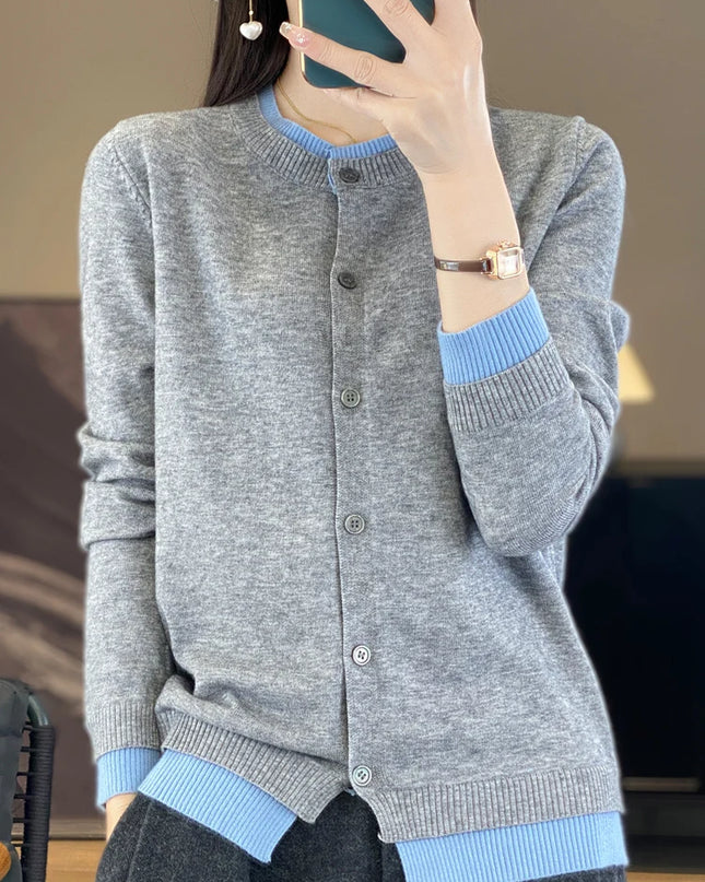 Spring Knit Patchwork Cardigan Lightweight O‑Neck Long Sleeve Sweater for Women