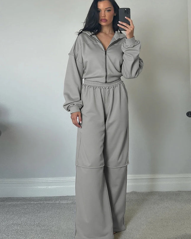 Women’s Panel-Stripe Hoodie & Wide-Leg Tracksuit Set – Sporty Retro Comfort