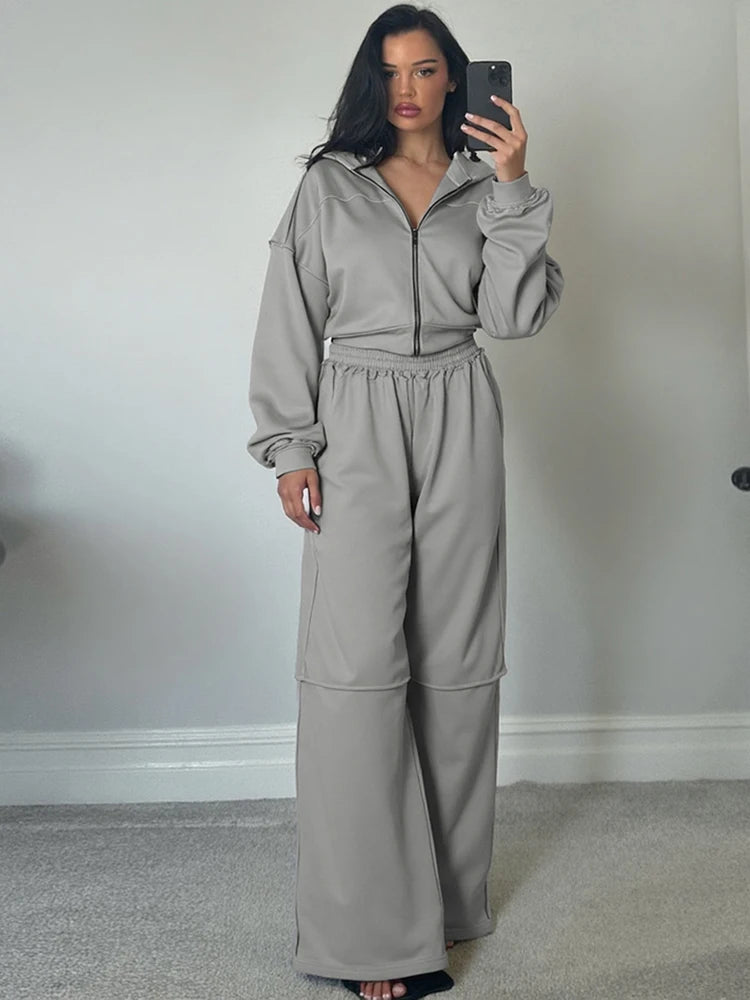 Women’s Panel-Stripe Hoodie & Wide-Leg Tracksuit Set – Sporty Retro Comfort-HighTouch