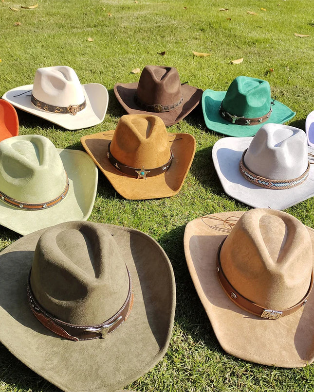 Suede Wide-Brim Western Cowboy Fedora Adjustable Fit