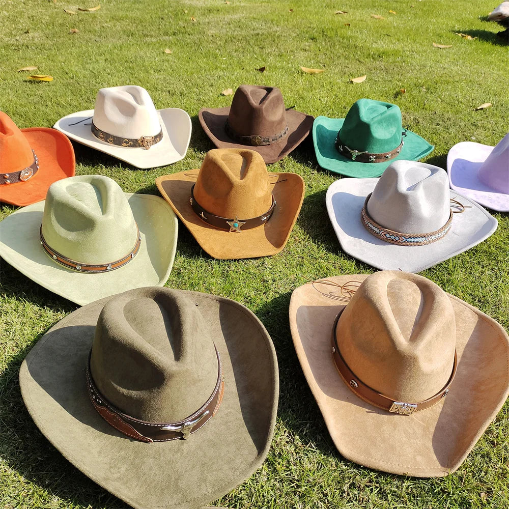 Suede Wide-Brim Western Cowboy Fedora Adjustable Fit-HighTouch