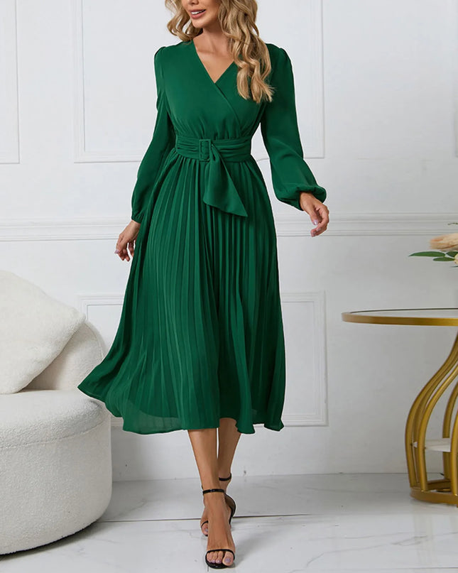 Long-Sleeve Wrap Pleated Midi Dress with Belt