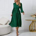 Long-Sleeve Wrap Pleated Midi Dress with Belt