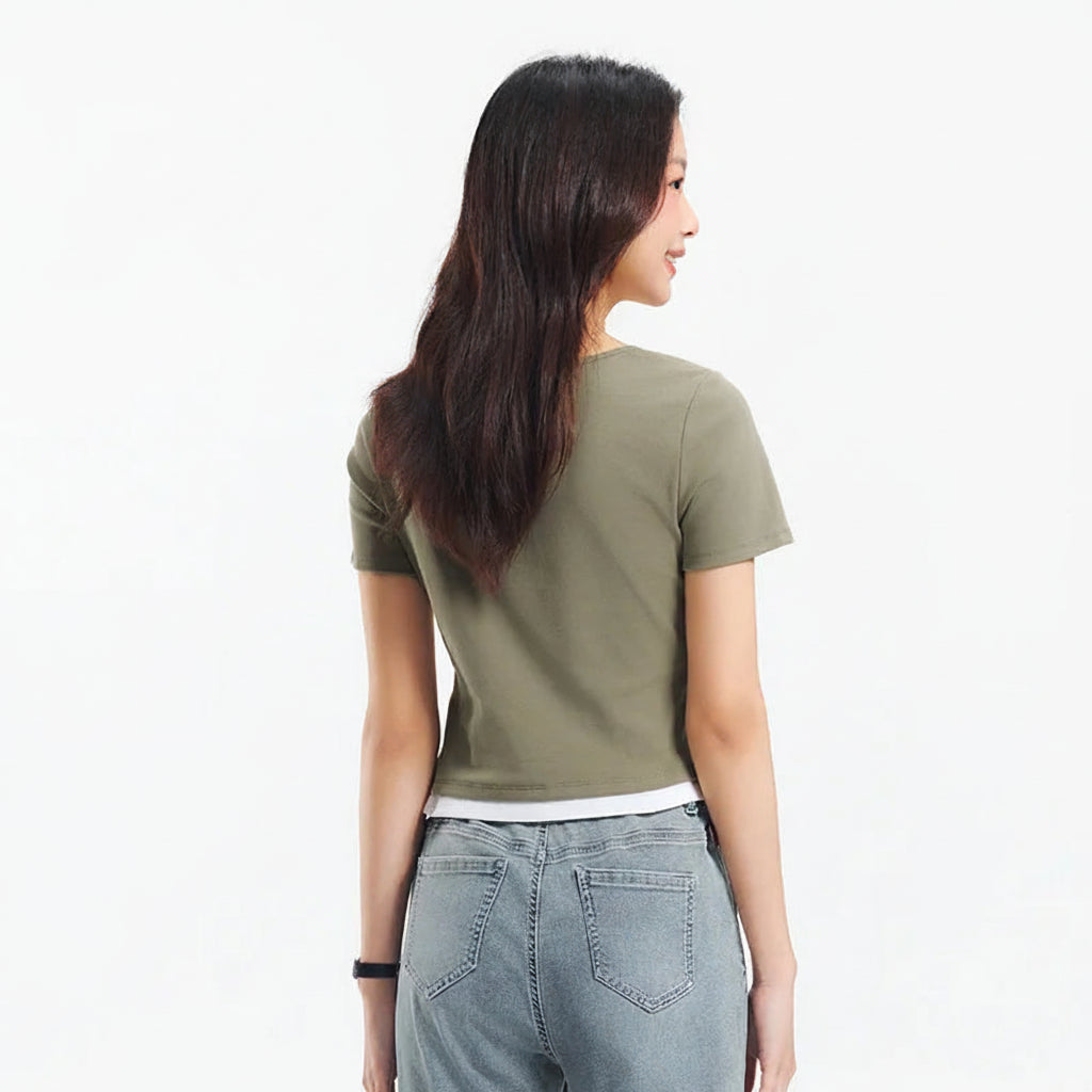 Sleek Fake Two‑Piece Cropped Tee – Slimming U‑Neck for Chic-HighTouch