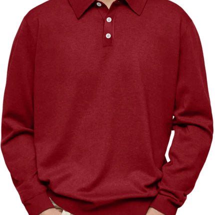 Men’s Long-Sleeve V-Collar Solid Polo Shirt – Loose Fit Casual Knitwear