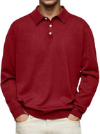 Men’s Long-Sleeve V-Collar Solid Polo Shirt – Loose Fit Casual Knitwear-HighTouch