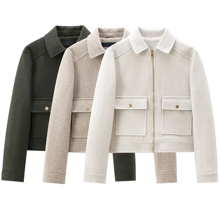 Women's Winter Zipper Jacket - Elegant Short Street Coat with Pockets
