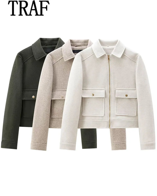 Women's Winter Zipper Jacket - Elegant Short Street Coat with Pockets